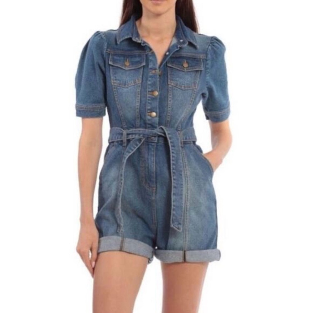Avec Les Filles Denim Boiler Short-Sleeve Romper in Size Medium